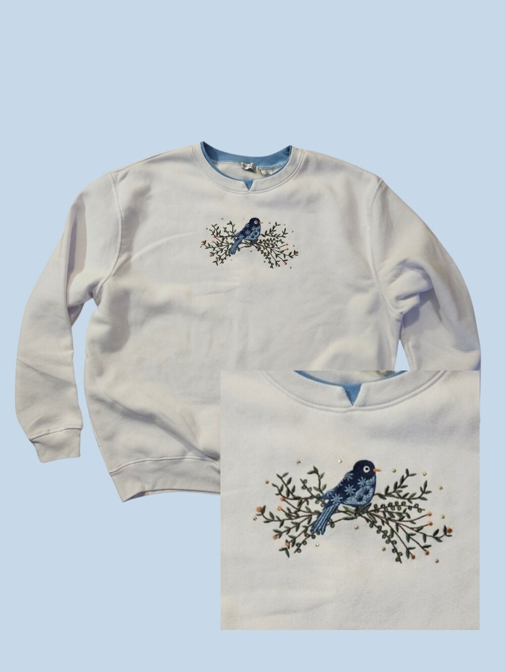 Vtg Crewneck White Grandma Sweatshirt Double Collar Blue Bird Embroidery Sz XXL